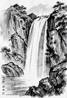 Waterfall rocks sumi-e