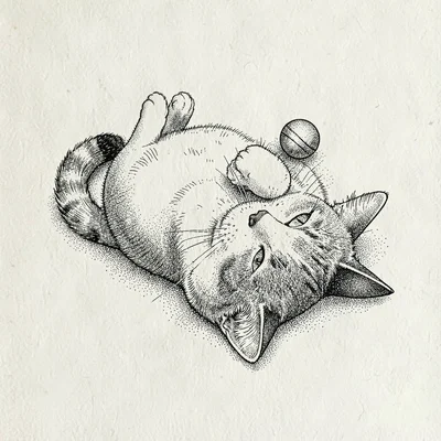 Pen-ink character study of a cat lying on its back with a tiny ball, expressive