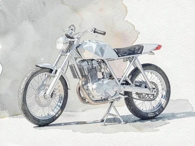 Crystal-clear lowpoly motorcycle leaned on its kickstand with thin transparent b