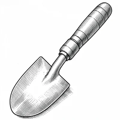 Patent-style line drawing of a hand trowel and seeder, fine hatch shading, museu