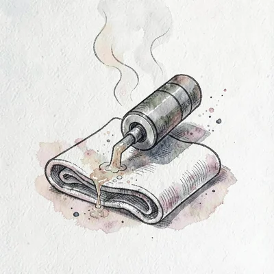 Compact ink icon of a hot-towel cylinder unspooling steam in fine line-curls, cr
