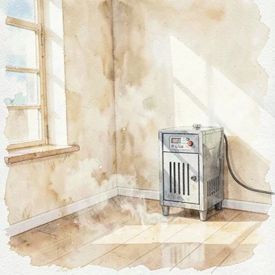 Soft watercolor wash of a sun-washed studio interior with a single reformer in t