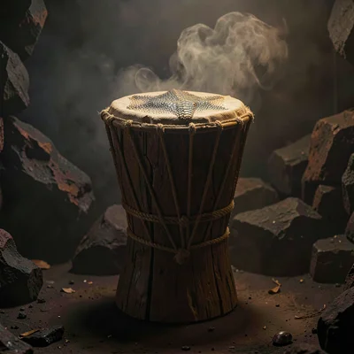Dense atmospheric mist, rich earthy textures, A drum carved from a single log, t