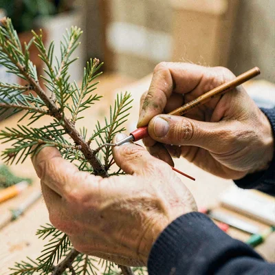 Wash study of a master's hands wiring a juniper branch, motion blur in pigment b