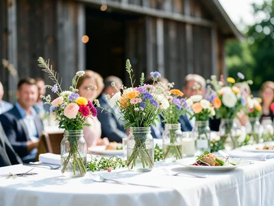 Outdoor wedding reception table setting, wildflowers in mason jars, rustic barn 