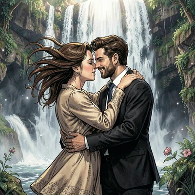 An embrace in cascading waterfall