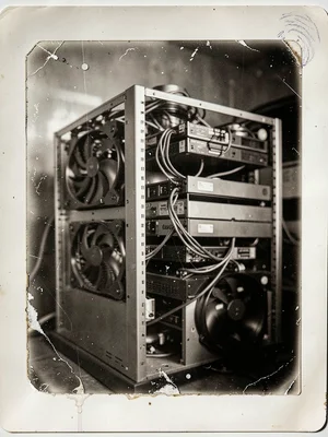 Crypto mining rig, GPU cards stacked, long exposure blur on cooling fans with gl