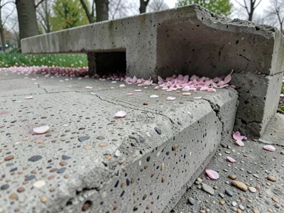 Concrete bench in spring park, cherry petals collected in architectural corners