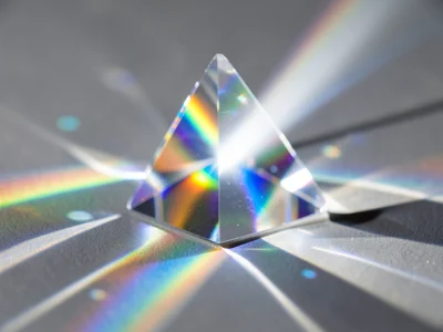 Single concentrated beam of white light hitting a triangular glass prism and exp