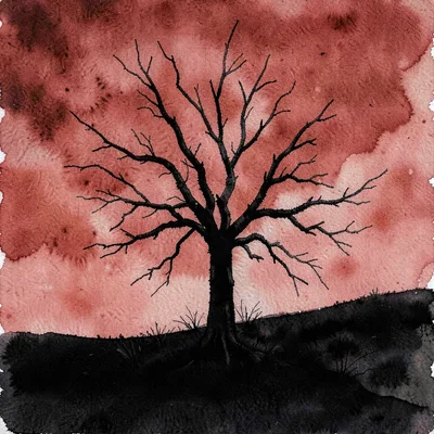 Silhouette of a single charred tree standing alone on a blackened hillside, brit