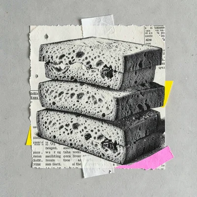 Cut-paper collage of a stacked tower of three sandwiches with halftone shadow, i