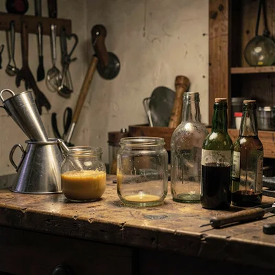Cellar workbench with funnels, glass jars, and bottles in mid-fill, dim warm lig