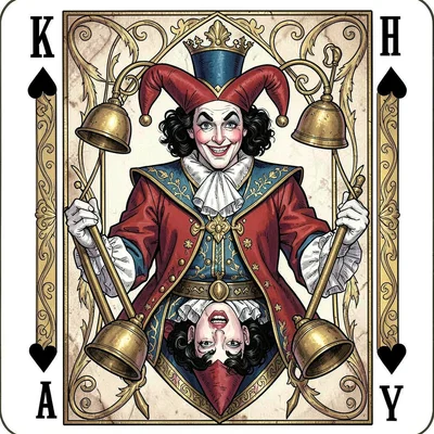 Playing card face illustration, Joker as court jester with bells and scepter , c