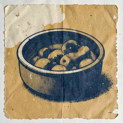 Bold riso poster of a halftone food bowl and chew toy in indigo and ochre, regis