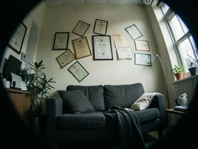 Therapist's office from the couch, the diplomas tilting off the wall