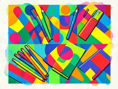 School supplies arranged in Memphis-style composition, dayglo colors, geometric