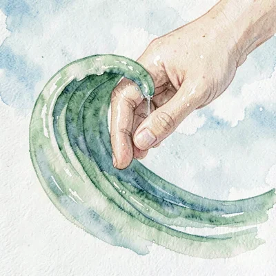 Calm hand hovers over a curling green wave, the wave bending obediently, faint s