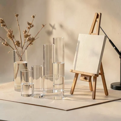 Papercraft scene of a paper-cut acrylic studio with layered tubes and easel