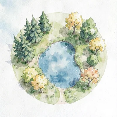 overhead schematic of conifer and deciduous zones around a pond