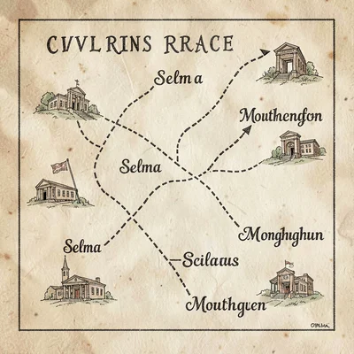 Hand-drawn map plate of Civil Rights march routes through Selma and Montgomery, 