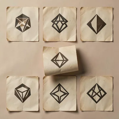 Tidy 2x3 grid of six abstract feature-card mockups on parchment, each tile carry