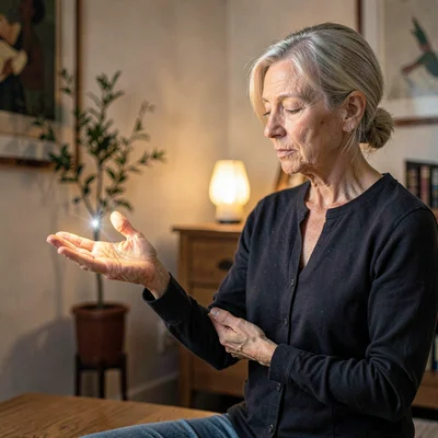A focused white reiki practitioner in her forties hovering hands above an invisi