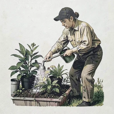 Risograph-style illustration, person watering plants , spot color layer simulati