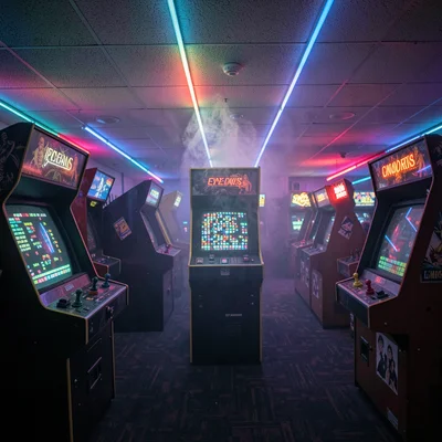 Looking Up at Neon-Lit Arcade Ceiling