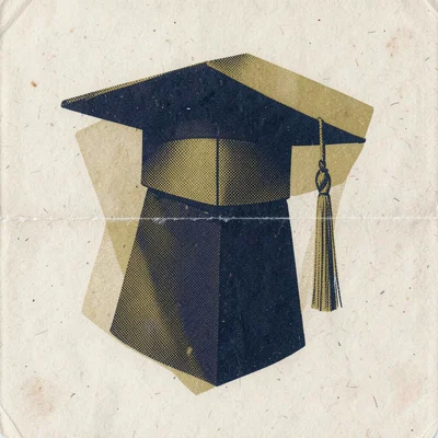 Cap and diploma illustration in two-color riso, gold and navy overlap