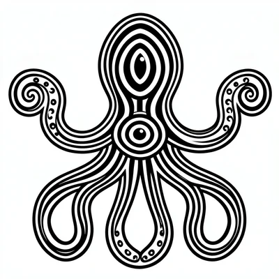 Octopus — central eye ovoid, tentacles as radiating S-curve secondaries