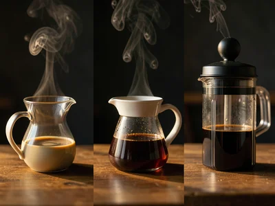 Three different brew methods side by side: espresso, pour-over, French press, ea