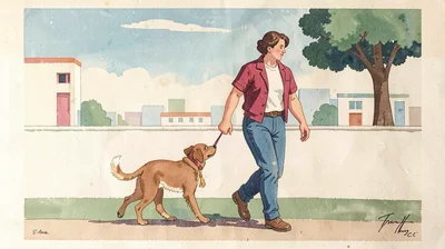 Gouache illustration, dog walking with owner , opaque matte pigment, flat color 