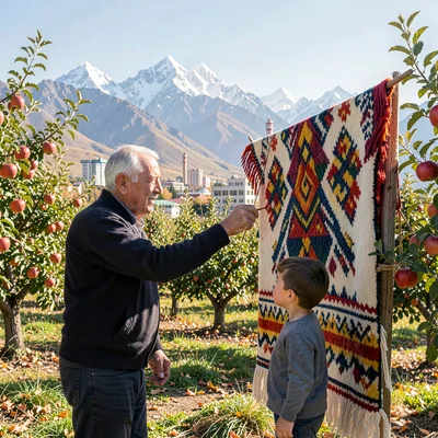 Tian Shan mountains behind Soviet Almaty, elderly craftsman making traditional f