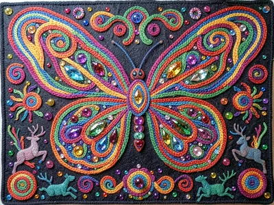 Butterfly with fully spread wings — each wing a mirror of the other, dense yarn 