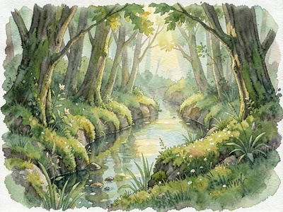 A painterly hidden channel curls through moss curtains where warm green-tea ligh