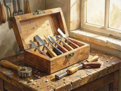 Warm still-life of a wooden box of hand chisels arranged on a worn workbench, so