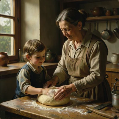A grandmother teaching a child to bake, flour-dusted hands together shaping doug