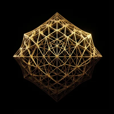 Menger sponge fractal rendered in gold, dramatic lighting, black background