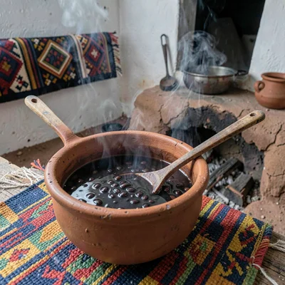 Documentary photograph with Guatemalan highland aesthetic, Clay pot of black bea