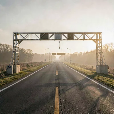 Atmospheric scene of a finish-line gantry over an empty road in the early mornin