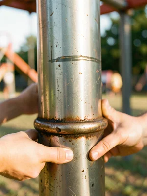 The base of a fire pole, the metal at bottom burnished by hands sliding to a sto