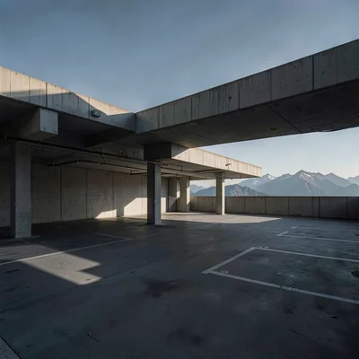 Rooftop parking level open to sky like mountain summit