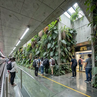 Singapore tropical modernism, green claiming grey, Underground MRT station, gree