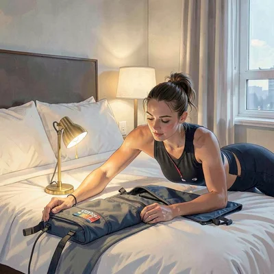 Sigrid-lampline portrait of a triathlete laying out kit on a hotel bed at race-e