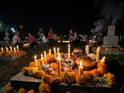 Candlelit grave ofrenda in cemetery at night