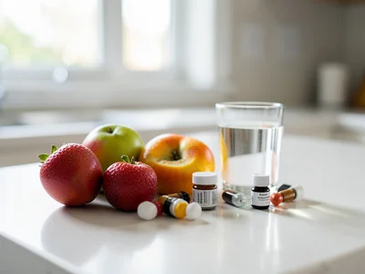Fresh fruit and supplements arranged on a clean counter, glass of water, morning