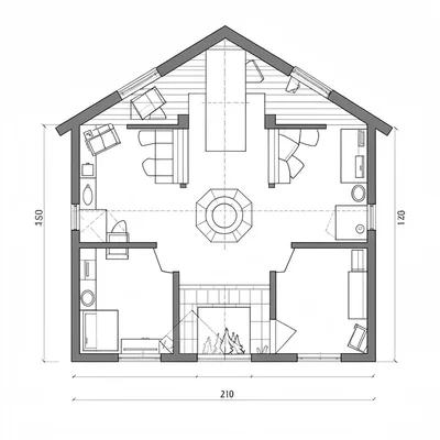 floor plan of a two-bedroom log cabin with central hearth