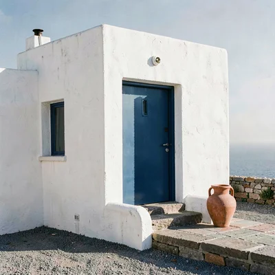 a Cycladic-cubist white house seen at midday, deep blue door framing a stripe of