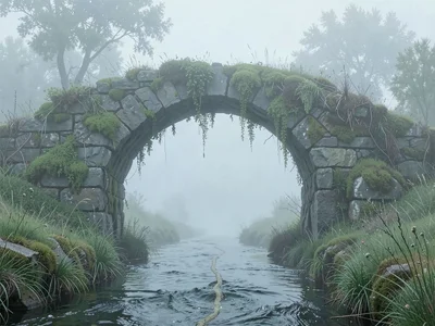 Mossed packhorse arch over a thread of stream, the further bank a soft suggestio