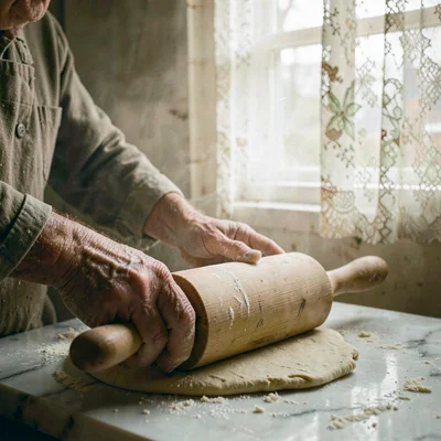 Humid atmospheric scene, Central European grandeur, Weathered hands rolling out 